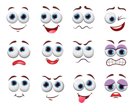 Comic face expressions vector illustrations set. Eyes and mouth of cute, funny or angry cartoon character, emoticon with happy smile drawings isolated on white background. Emotions, avatar concept