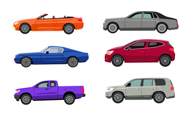Side view of different car models flat vector illustrations set. Autos of various colors, SUV, hatchback, sedan, pickup, convertible isolated on white background. Transport, transportation concept - obrazy, fototapety, plakaty