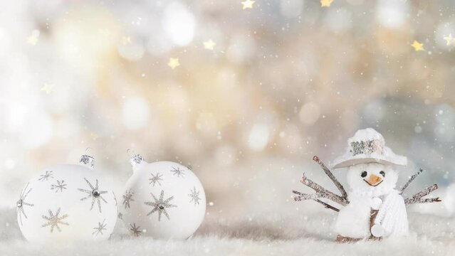 Christmas Still Life with Bokeh Lights and Snowflakes Falling. Super Slow Motion Filmed on High Speed Cinema Camera at 1000 fps.