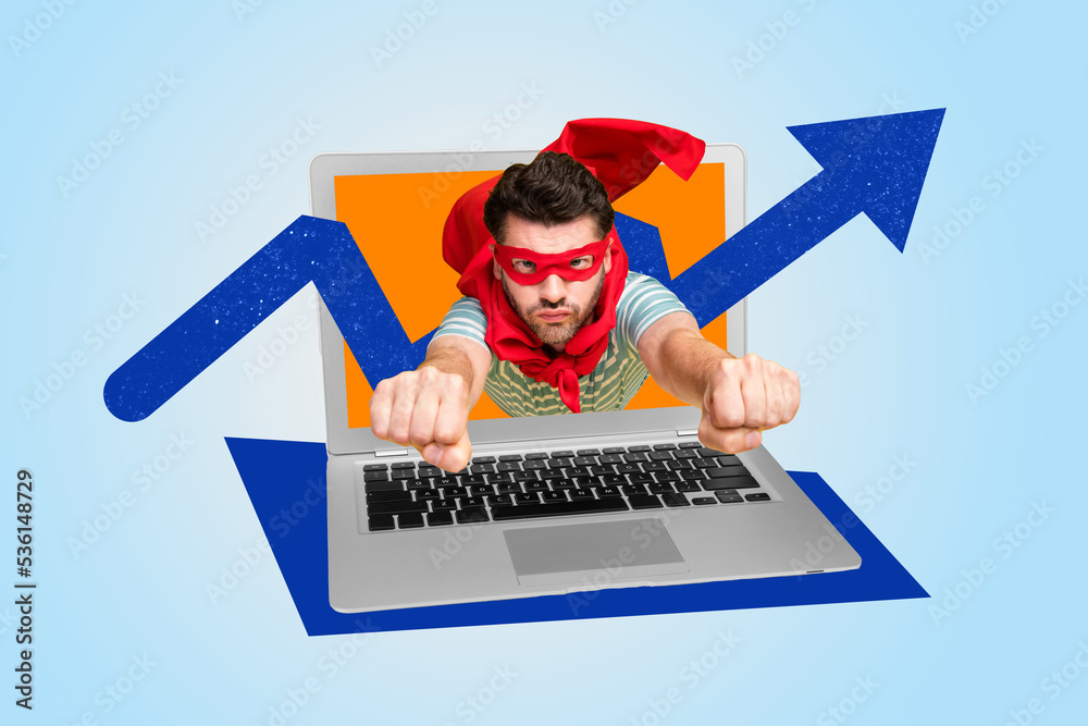 Poster creative collage picture of superman fly through wireless netbook screen painted growing arrow upwar