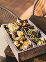 A variety of fresh oysters with lime and lemon in a wooden box. Fresh seafood. Outdoor cafe...