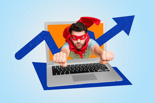 Creative collage picture of superman fly through wireless netbook screen painted growing arrow upwards isolated on drawing background
