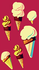 A set of delicious ice cream. Sweet summer treat sundaes, prefabricated insulated ice cream cones and popsicles with different fillings. Vector illustration for web, design, printing.