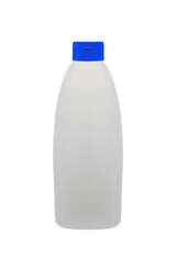 White plastic bottle for mockup, liquid container with lid on isolated white background. Template for your design.