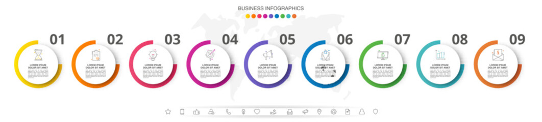 Infographic vector template for business. 3D paper label with nine circles and steps. Flat modern timeline for content, diagram, presentation, workflow, chart.