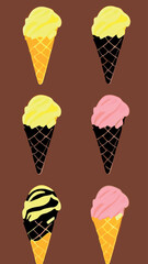 A set of delicious ice cream. Sweet summer treat sundaes, prefabricated insulated ice cream cones and popsicles with different fillings. Vector illustration for web, design, printing.