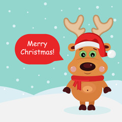 A deer in a red hat and scarf with the text merry Christmas!