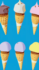 A set of delicious ice cream. Sweet summer treat sundaes, prefabricated insulated ice cream cones and popsicles with different fillings. Vector illustration for web, design, printing.