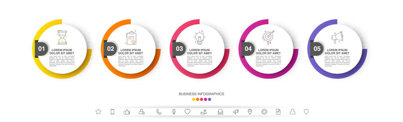 Infographic vector template for business. 3D paper label with five circles and steps. Flat modern timeline for content, diagram, presentation, workflow, chart.