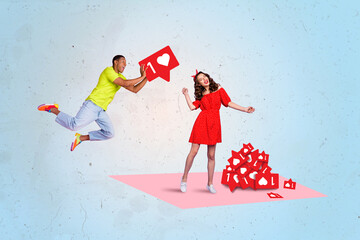 Creative collage portrait of two people girl dancing guy jump hands hold like notification isolated...