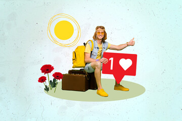 Creative collage picture of positive guy sit suitcase hold like notification show thumb up hitchhike isolated on drawing background