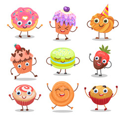 Cartoon cute dessert characters set. Vector illustrations of different sweet food with kawaii face. Funny donut shortbread cookies muffin cupcake with cream isolated on white. Bakery, pastry concept