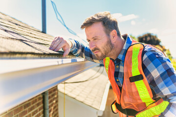 man standing on steps inspecting house roof