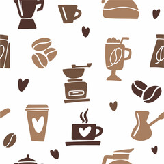Vector pattern of coffee and coffee drink hand-drawn doodles in Scandinavian style