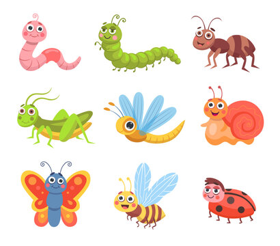 Cute cartoon insects set. Vector illustrations of forest or garden animals, funny bug characters. Comic ant ladybug snail grasshopper dragonfly bee butterfly isolated on white. Insects, nature concept