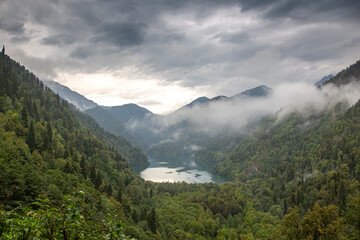 Landscape in caucasus mountains with lake Ritsa