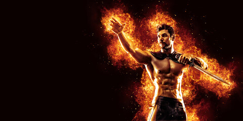 Sportive man in leather warrior costume with sword, fire on background