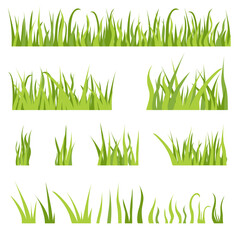 Green grass patterns set. Vector illustrations of plants and herbs, foliage growing in soil of field or lawn. Cartoon spring or summer floral borders isolated on white. Nature, environment concept