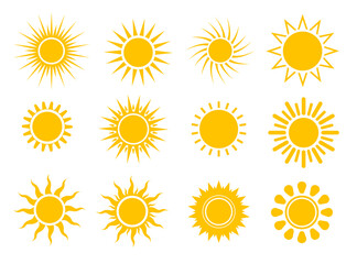 Shapes of sun set. Vector illustrations of bright yellow round sun with rays in summer. Cartoon sunrise, sunset or hot midday sunshine and solar glow isolated on white. Nature, sunny weather concept