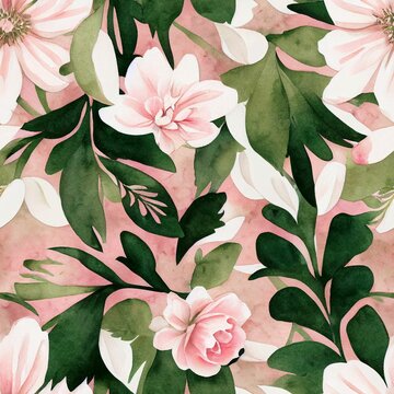 Botanical Seamless Pattern With Pink Watercolour Flowers