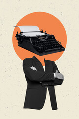Composite collage image of man wearing classic suit retro vintage typewriter instead head type book script journalist article old fashioned