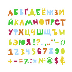 Vector roughly carved multicolored cyrillic alphabet, capital letters and digits.