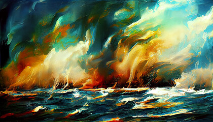 Sea storm with tornado painting picture. Abstract colorful picturesque painting. Imitation of oil painting. Digital illustration.