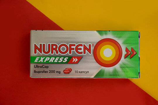 October 6, 2022 Ukraine city Kyiv packaging of Nurofen Express tablets on a colored background