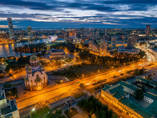 Ekaterinburg, Russia. Temple on the Blood. Night city in the early spring or summer. Aerial view