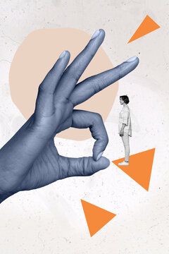 Vertical creative collage image of big hand fingers doing flick little woman bad work condition fired boss employee relationships problem