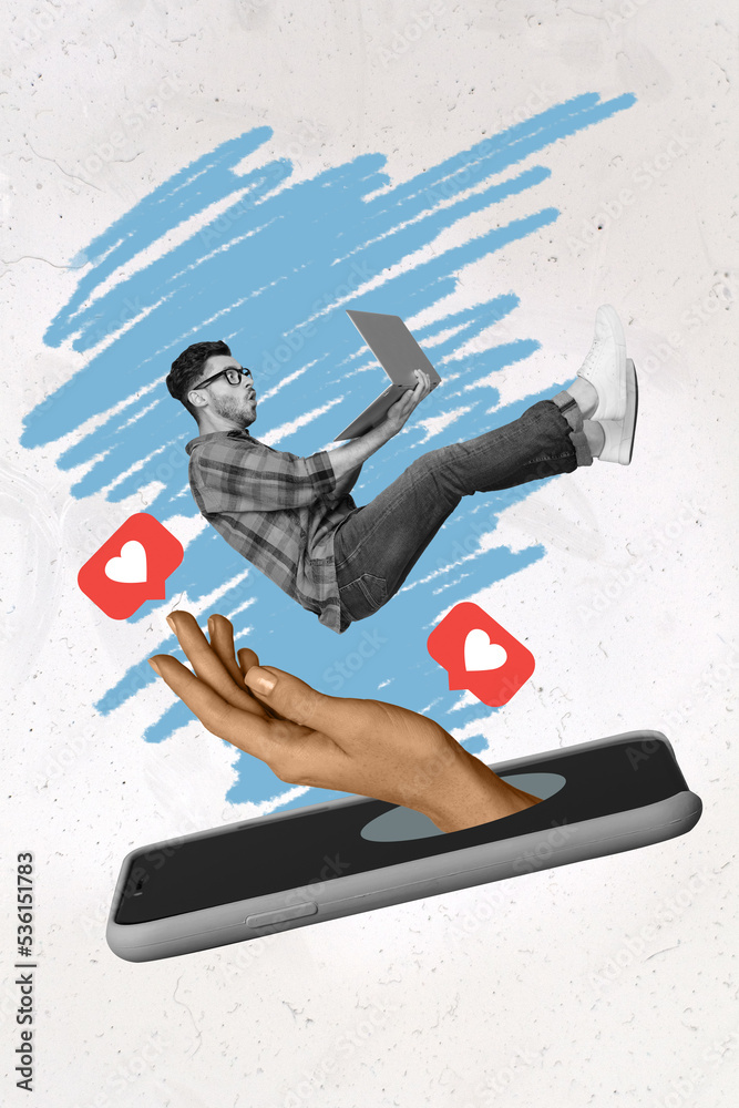 Poster 3d retro abstract creative artwork template collage of arm growing touchscreen catching man typing m