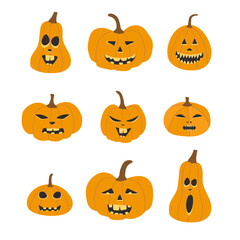 Set pumpkin on white background. The main symbol of the Happy Halloween holiday. Orange pumpkin with emotions