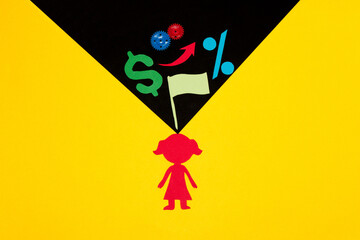 businesswoman on a yellow background with a black wave in which there are thoughts on how to improve business
