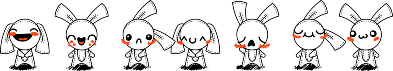 Outline Cartoon Rabbits. Emoticons, doodle faces, eyes and mouth. Caricature comic expressive emotions, smiling, crying and surprised character face expressions