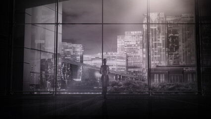 Fototapeta na wymiar Robot in front of a panoramic window overlooking the night city, 3D render.