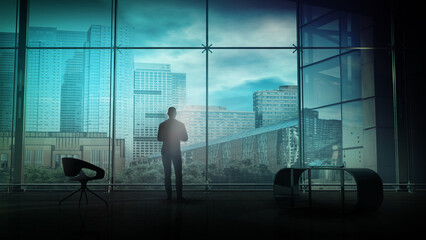 Against the large office window, a man stands and looks at the city, 3D render.