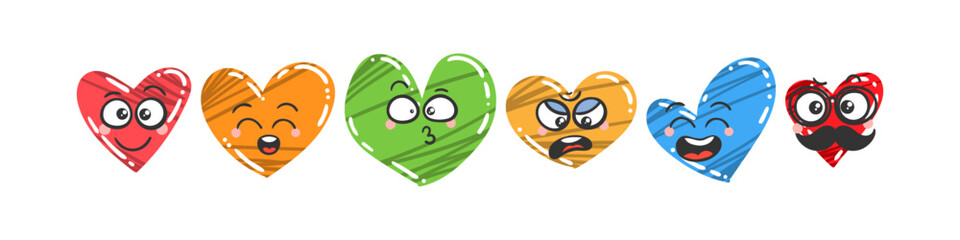 Heart Emoticon Set. Doodle faces, eyes and mouth for Valentine's Day and holidays of love. Caricature cartoon expressive emotions, smiling, crying and surprised character face expressions