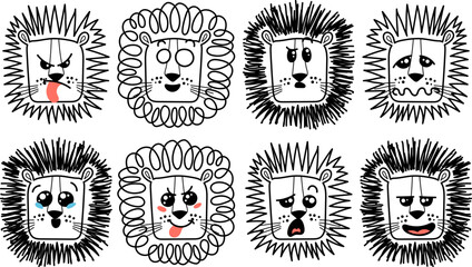 Isolated doodle cute Lion emoticons. Cute set of vector animals with emotions. Cartoon feline, lion for print, children and baby development