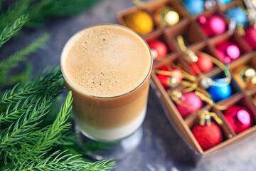 christmas latte hot drink cappuccino coffee New Year sweet holiday dessert meal on the table copy space food background 