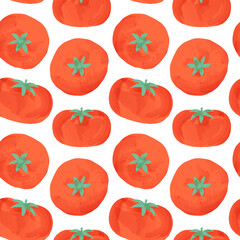 Red tomato watercolor seamless pattern. Natural vegetable background illustration of organic cooking ingredient for healthy nutrition concept. Fresh hand drawn tomatoes on white backdrop.