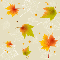 Autumn pattern with maple leaves, against the background of linear white maple leaves, with berries, on a light background