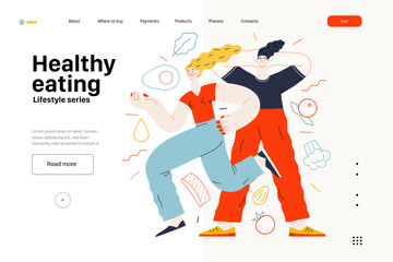 Lifestyle web template - Healthy eating - modern flat vector illustration of a woman and a man practicing healthy balanced diet. People activities concept