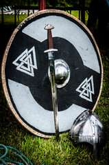 Replica Viking sword, shield and helmet