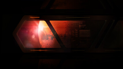 Obraz premium Space station window overlooking planet Mars and virtual data.