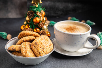 festive christmas cookie chocolate drops, cinnamon, ginger new year sweet dessert home food snack on the table copy space food background