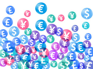 Euro dollar pound yen circle icons scatter currency vector background. Sale concept. Currency