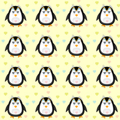 Pattern penguin with colorful hearts on yellow background