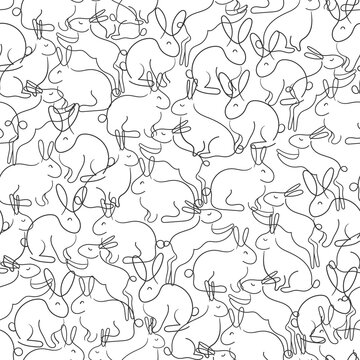 Rabbit animal art line, vector modern seamless pattern on white. Chinese New Year 2023 symbol