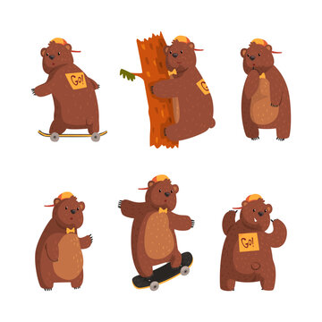 Funny Brown Bear Character in Baseball Cap with Bow Tie on Skateboard and Tree Climbing Vector Set