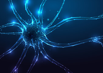 Human neuron cell with electrical impulses in futuristic glowing low polygonal style on dark blue - obrazy, fototapety, plakaty